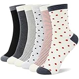 6 Pairs Cotton Crew Socks for Women, Breathable Novelty Funny Striped Dot Casual Cute Calf Socks Size 6-12
