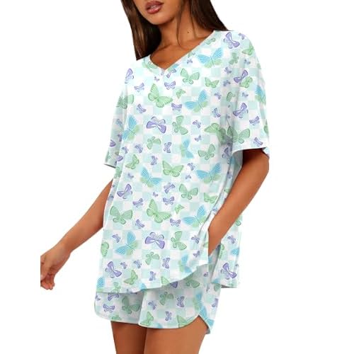 Marvmys Womens Pajama Sets Short Sleeve Pajamas V Neck Sleepwear Oversized Pjs Summer Lounge Sets with Pockets S-XXL Small Butterflies