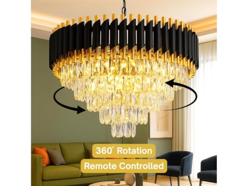 Image of Modern Black & Gold Crystal Moving Chandelier, 600mm (60 Cm. (23.6 Inch) Round LED Pendant Light with Remote Control, Multicolour changing ,Luxury Contemporary Ceiling Light Fixture For decoration A