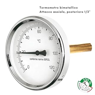 Schläfer 0930170 | Termometro Bimetallico con Guaina Cassa inox Attacco Posteriore, Assiale ad Immersione 1/2" Scala 0-120 °C" Multifunzione Cassa 63 mm