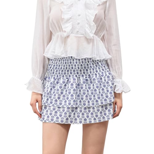 Women's Summer Smocked Mini Skirts Boho Floral High Waist A-Line Short Skirts Layered Ruffle Skirts Streetwear2