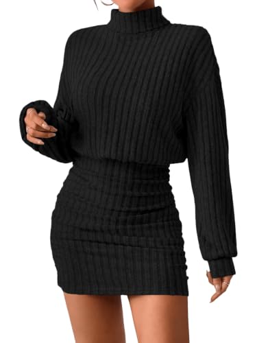Saodimallsu Damen Strickkleider Minikleid Langarm Rollkragen Schwarz S – Ansicht 1