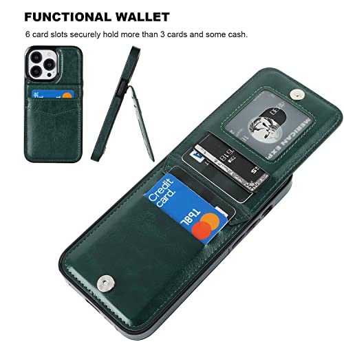 Image of KIHUWEY Compatible with iPhone 13 Pro Case Wallet with Credit Card Holder, Premium Leather Magnetic Clasp Kickstand Heavy Duty Protective Cover for iPhone 13 Pro 6.1 inch(Green)