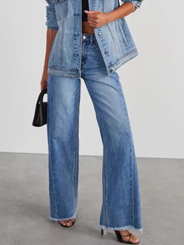 Women's Straight Leg Jeans Mid Waisted Baggy Strechy Jeans Wide Leg Denim Pants2
