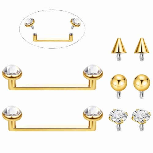 Masedy 2PCS 14G G23 Pure Titanium Staple Surface Piercing Jewelry Flat Bar Internally Threaded Double Staple Barbells for Surface with 6 PCS Replacement Balls CZ Snake Eye Tongue Piercing Gold 14MM