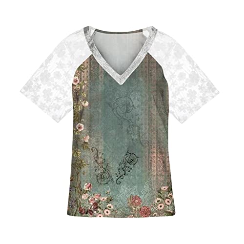 Ceboyel Lace Tops For Women 2023 Floral Boho Summer Shirt Short Sleeve Vneck Patchwork Blouses Dressy Causal Laides Clothing #TOP3