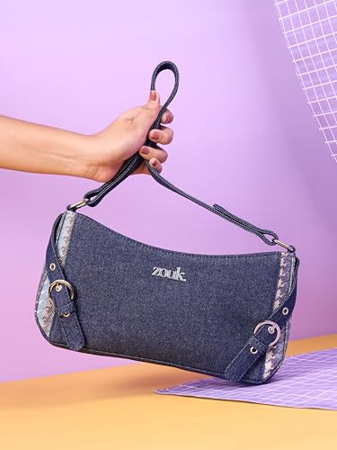 Image of ZOUK Lyra Small Shoulder Bag for Women - Denim & Printed Shoulder Bag with Water-Resistant Lining | Handcrafted Sling Bag with Multiple Pockets & Zip Closure for Daily & Weekend Use |
