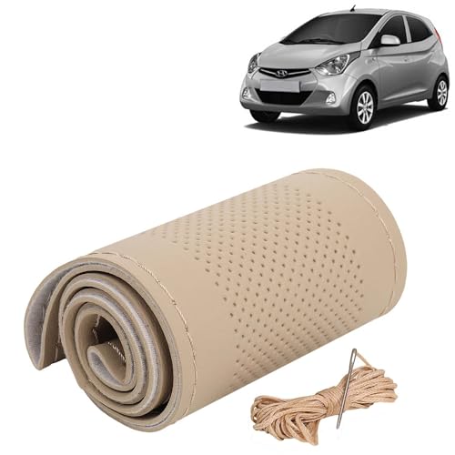 Image of KINGSWAY PU Leatherite Car Steering Cover Sewable Compatible with Hyundai Eon (Year 2011-2019), Beige Color with Beige Thread, Pack of 1 with Sewing Needle and Thread
