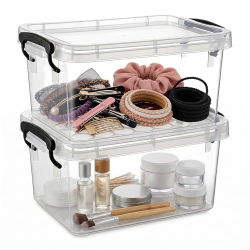 Image of 2 Pack Clear Storage Latch Bins, 2 Qt Small Storage Bins with Lids for Organizing, Plastic Storage Container Stackable Box for Home & Office, BPA-Free, Clear White