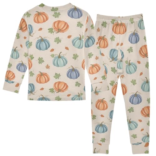 Pajama Sets Long Sleeve Pumpkin Leaves Pattern Background Soft Comfy Sleepwear 2 Piece PJS 3-8T3