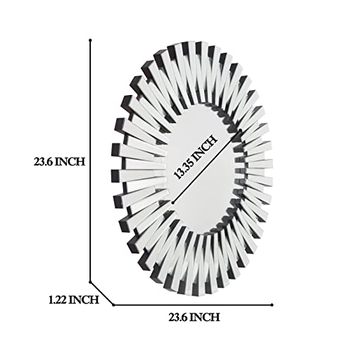 Shyfoy 24 Inch Wall Mirrors Decorative Round Sunburst Mirror For Wall Decor Modern Silver Glass, Wall-Mounted Beveled Hanging Circle Accents Mirror For Living Room Bathroom Bedroom Fireplace #TOP1