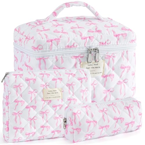 UUYUUY Makeup Bag for Women 3PCS Quilted Cotton Make Up Bag Travel Cosmetic Bag Large Makeup Bag Set Cute Makeups Organizer Floral Toiletry Pouch for Purse, Pink Floral D