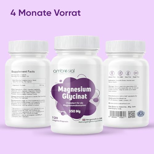 Magnesiumglycinat 350mg elementares Magnesium – Vorrat für 4 Monate – Magnesiumbisglycinat – 120 vegane Kapseln - Ambrosial