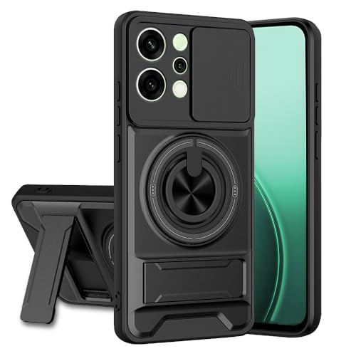 Image of Oppo Reno 14 5G Back Cover | Armor Camera Slider 360 Degree Rotating Finger Ring Holder Case with Bracket Stand Back Case Cover (Compatible with MagSafe Accessories) (Black)