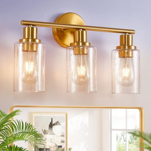 Image of DLLT 3-Light Bathroom Light Fixtures: Gold Modern Vanity Wall Lights with E26 Bulbs - Bubbled Glass Shade Bathroom Wall Lamp for Mirror Kitchen Living Room Hallway Cabinet Porch