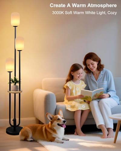 Image of Lightdot Black Dimmable Floor Lamp with Shelf Modern Floor Lamps with Oval Striped Lampshade & Bulb Included 3-Lights Tall Lamp with 5Lbs Heavy Base for Living Room /Bedroom /Sofa Beside /Corner Decor