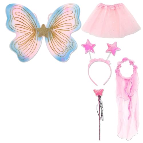 LDBKLGHJ Disfraz de hadas y princesas para niñas: Mujeres Falda Tutú Conjunto de 5 piezas, disfraz de mariposa, alas de mariposa, disfraz de sirenita y Vaiana para niñas de 3 a 8 años