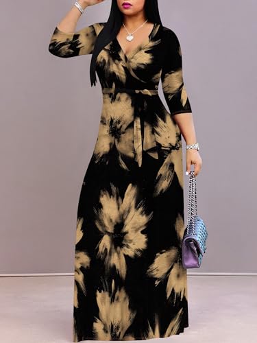 Image of Plus Size Maxi Dress for Women V Neck Flowy Dresses with Pockets for Wedding Guest Church