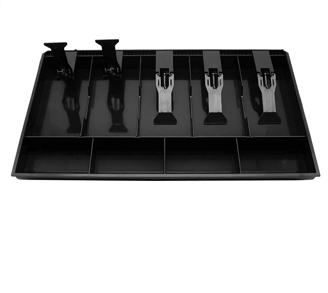parth enterprise 5 slot cash tray insert for cash register drawer, heavy duty money organizer with spring loaded bill clips & coin compartments, removable pos cash drawer tray for retail store