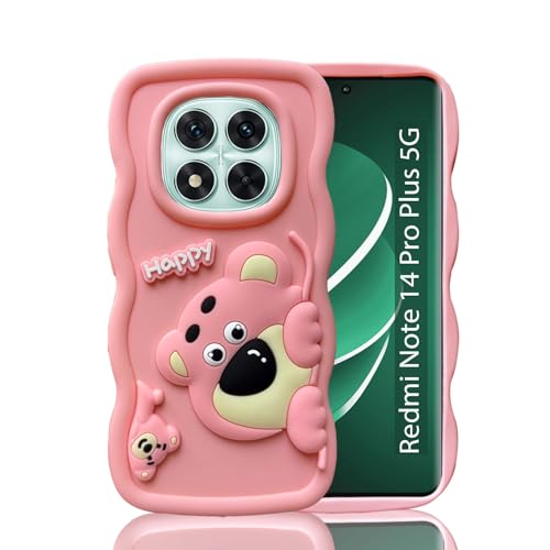 Image of KC Back Cover for Redmi Note 14 Pro Plus 5G - 3D Big Wave Cute Cartoon Character Hanging Bear Shockproof Soft Bumper Silicone Case with Camera Protection (Light-Pink)