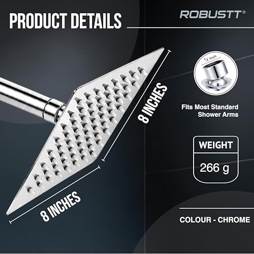 Image of Robustt Shower Head for Bathroom Overhead with 7.8 inch Arm | 8x8in Square Rainfall Bath Shower with 81 Anti-Clog Silicone Nozzles, 360 Swivel, High Pressure Flow & Chrome Finish | Easy Installation