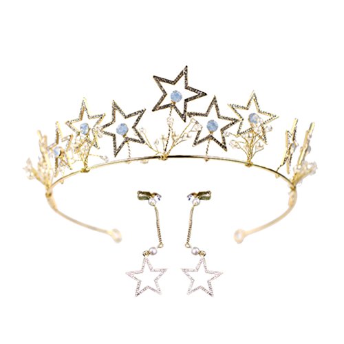 Preisvergleich Produktbild Lurrose Sterne Strass Krone und Ohrringe Set Brautschmuck Kopfschmuck für Frauen (Gold)