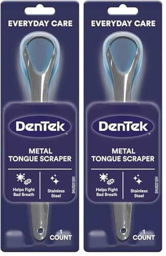 Image of DenTek Metal Tongue Scraper for Better Oral Health - Removes Bacteria, Fights Bad Breath - 100% Stainless Steel, Dishwasher-Safe - Slim Design, Works Gently (Pack of 2)