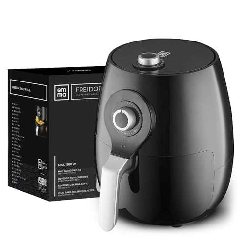 EMMA, Freidora de Aire, 5 L, Antiadherente, 1700W, 29.5x28.5x34 cm, Negro, Cocina Saludable sin Aceite, Cesta Antiadherente, Temperatura Ajustable, Ideal para Hogar y Familia