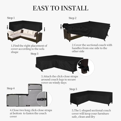 Image of Easy-Going 600D Patio L-Shaped Sectional Sofa Cover, 85 inchX110 inch Waterproof Heavy Duty Outdoor Garden Furniture Cover (Left Facing, Black)