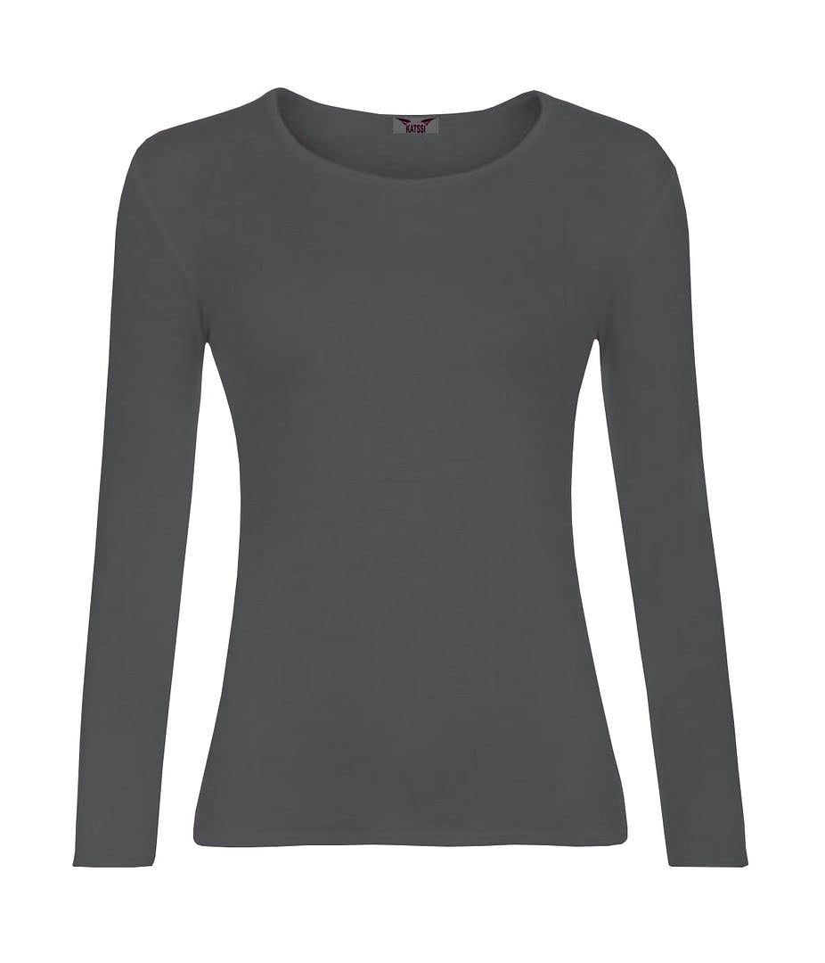 KATSSI Women’s Ladies Long Sleeve Stretch Plain Round Scoop Neck T Shirt Top ML Charcoal