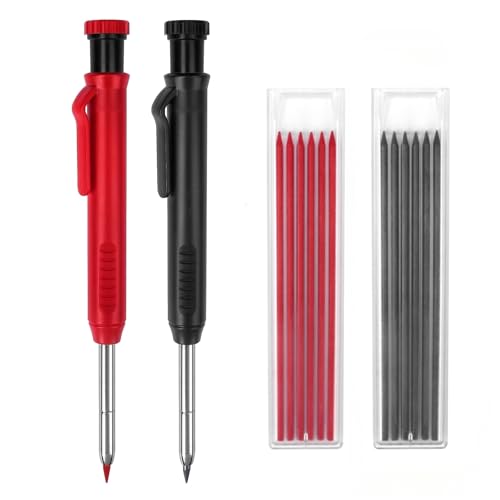 MECHEER Crayon de Charpentier avec 12 Porte Mine, Crayon Charpentier pour 45mm Trou Profond, Crayons Menuisier avec Taille-Crayons Intégré pour Bricolage Architecte Menuisier