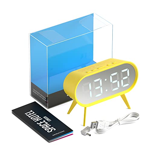 Space Hotel® Cyborg Digital Alarm Clock With Led Display, 12/24Hr, Room Temperature, Snooze, Night Mode, Brightness Dimmer, Mirror Surface, Usb Powered & Battery Backup (Yellow/Silver) #TOP1