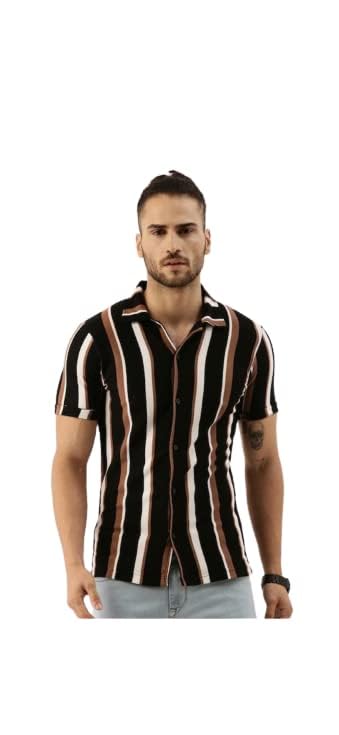 Image of Men's Striped Slim Fit Half Sleeves Stratchable Printed Shirt