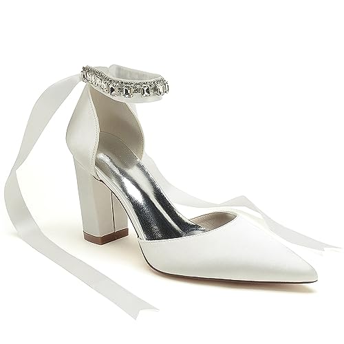 Women's High Chunky Closed Toe Block Heels Satin Crystal Wedding Party Pumps Shoes for Prom Evening Party