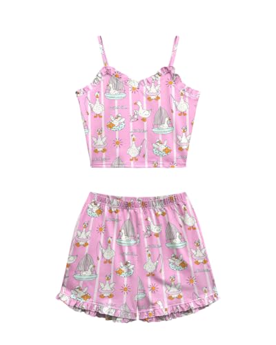 Cetieo Womens Pajama Sets 2 Piece Cute Ruffle Pjs Summer Lounge Tank Top Short Sets Loungewear (US, Alpha, Medium, Regular, Regular, duck-03) - image 4