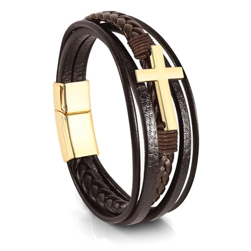 Pulsera trenzada de cuero para hombre con cruz miniatura 1