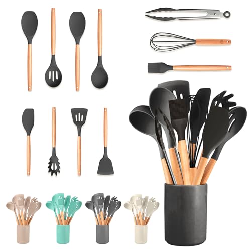 JUPPLIES Juego de Utensilios de Cocina de Silicona 12 Piezas con Mangos de Madera y Soporte Organizador – Set Antiadherente Resistente al Calor – Apto para Todas Las Ollas y Sartenes - Negro
