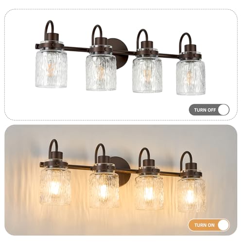 Image of 4 Lights Hammered Glass Bathroom Vanity Light, Oil Rubbed Bronze