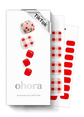 ohora Semi Cured Gel Pedi Strips (P Cherry Crush) - Works with Any Nail Lamps Salon-Quality Long Lasting Easy to Apply & Remove - Includes 2 Prep Pads Nail File & Wooden Stick