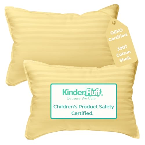kinder Fluff Children Pillow (2Pack) 25x38cm   First Pillow for Kids Age 2+, 100% Cotton Sateen Stripes Shell 300T, Down Alternative Fill, Machine Washable   Children & Travel Cushion   Yellow   XS