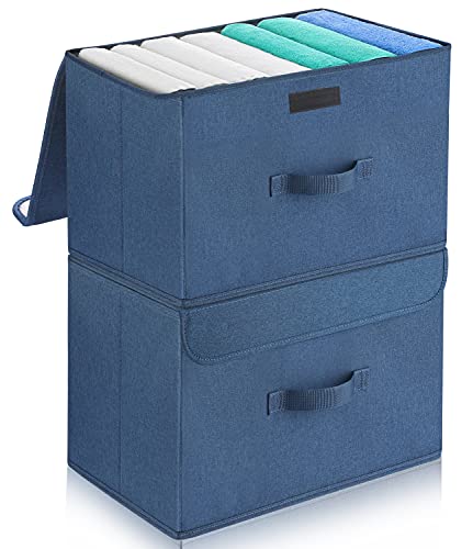 Cajas de Almacenamiento con Tapas,Juegos de 2 Cubos de Almacenamiento Tela Plegable,Cajas Organizadoras con Asas,Cestas de Almacenamiento Decorativas para Estantes de Armario,Familia,Oficina(Azul)