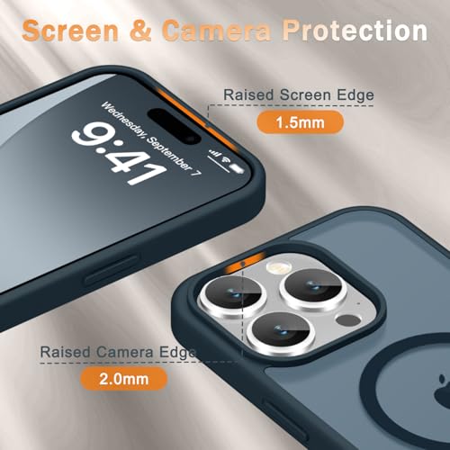 Image of YENAPOON for iPhone 15 Pro Case, Matte Magnetic Phone Cover [with 1 Screen Protector] [Support for MagSafe] [Shockproof Military Grade Protection] Translucent Frosted Back, Navy Blue
