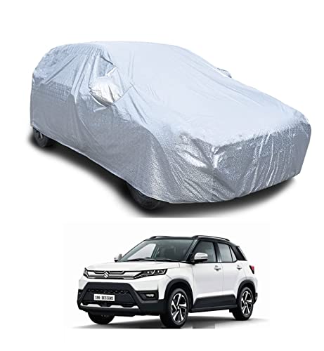 Image of Auto Hub Waterproof Car Cover Compatible with Maruti Brezza (Model-2022-Till Date) with with Mirror Pocket, Soft Cotton Lining, Waterproof Brezza Car Cover- Metallic Silver