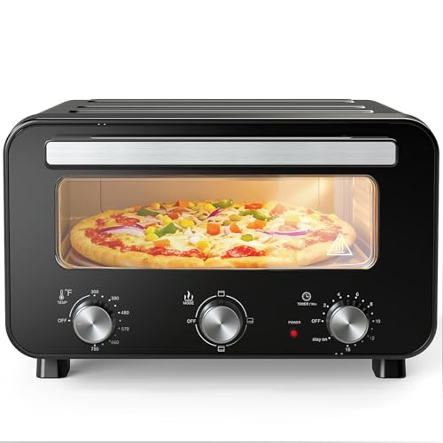Image of NEWBULIG Electric Pizza Oven Indoor Countertop, Makes 12.6-Inch Pizzas in Minutes, Heats up to 750F Pizza Maker, Large Viewing Window, Interior Light, with Stone & Peel, Mechanical Control Knob