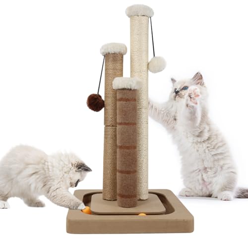 AUSCAT Kratzsäule mit 3 Kratzstangen, 56cm Sisal Kratzstamm für Katzen mit hängenden Bällen & Track-Bällen, Kratzbaum klein für Hauskatzen und...