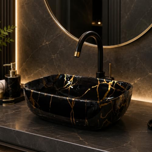Image of Ceramic Tabletop Wash Basin - Glossy Rectangular Countertop Vessel Sink with Marble Finish for Bathroom & Vanity | Compact 18 x 13 x 5 Inch | Elegant Washbasin