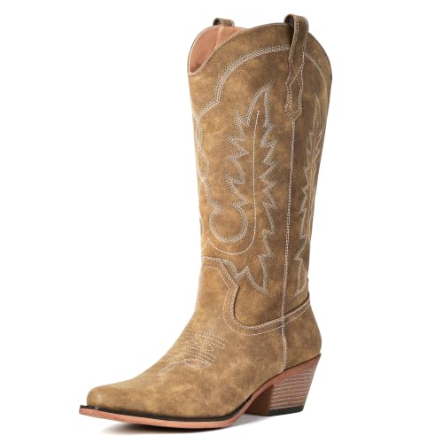 Image of Women's Pointed Toe Mid Calf Cowboy Boots - Cowgirl Boots with Chunky Heel