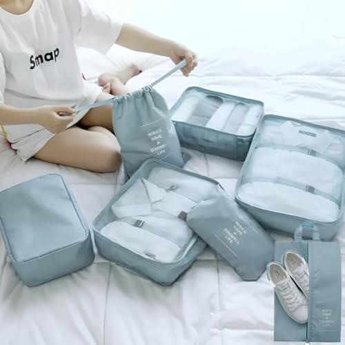 Image of 7pcs pouche Set Travel Organizer Packing Cubes Lightweight Travel Luggage Organizers with Laundry Bag or Toiletry Bag Laundry Organiser (7 PCS) (SKY BLUE)