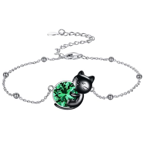 Bracelet chat noir en argent sterling 925 véritable et zircon de mai