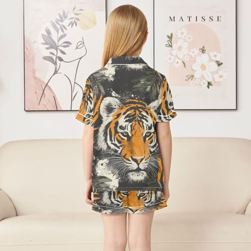 Satin Pajama Sets Short Sleeve Tiger Face with Leaves Button Down Silky Nightwear 2 Piece PJS 5-14Y4